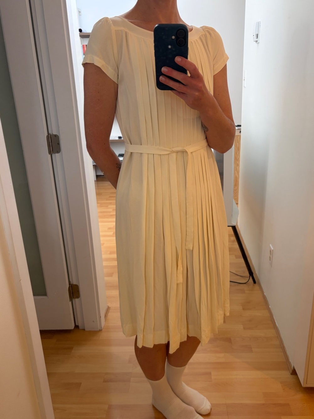Women's Cream Midi Pleated Dress with Tie Waist